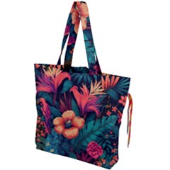 Tropical Flowers Floral Floral Pattern Pattern Drawstring Tote Bag by Pakemis
