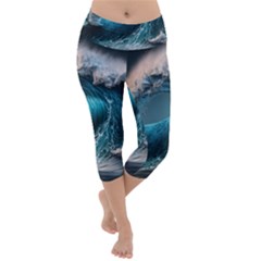 Tsunami Waves Ocean Sea Water Rough Seas 2 Lightweight Velour Capri Yoga Leggings by Pakemis