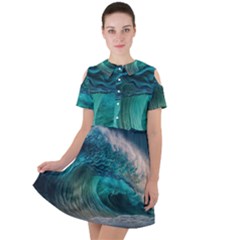 Tsunami Waves Ocean Sea Water Rough Seas Short Sleeve Shoulder Cut Out Dress  by Pakemis