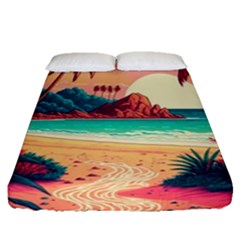 Palm Trees Tropical Ocean Sunset Sunrise Landscape Fitted Sheet (queen Size) by Pakemis