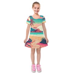 Palm Trees Tropical Ocean Sunset Sunrise Landscape Kids  Short Sleeve Velvet Dress by Pakemis