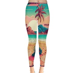 Palm Trees Tropical Ocean Sunset Sunrise Landscape Inside Out Leggings by Pakemis