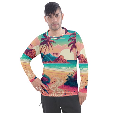 Palm Trees Tropical Ocean Sunset Sunrise Landscape Men s Pique Long Sleeve Tee by Pakemis