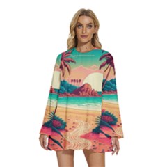 Palm Trees Tropical Ocean Sunset Sunrise Landscape Round Neck Long Sleeve Bohemian Style Chiffon Mini Dress by Pakemis