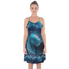 Tsunami Waves Ocean Sea Water Rough Seas 3 Ruffle Detail Chiffon Dress