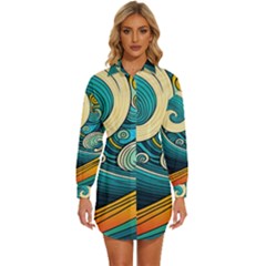 Waves Wave Ocean Sea Abstract Whimsical Abstract Art Womens Long Sleeve Shirt Dress