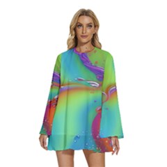 Modern Abstract Liquid Art Pattern Round Neck Long Sleeve Bohemian Style Chiffon Mini Dress by GardenOfOphir