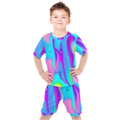 Colorful Abstract Fluid Art Pattern Kids  Tee And Shorts Set by GardenOfOphir