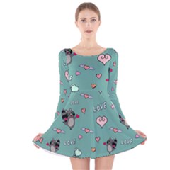 Raccoon Texture Seamless Scrapbooking Hearts Long Sleeve Velvet Skater Dress