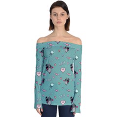 Raccoon Texture Seamless Scrapbooking Hearts Off Shoulder Long Sleeve Top