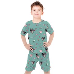 Raccoon Texture Seamless Scrapbooking Hearts Kids  Tee and Shorts Set