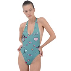 Raccoon Texture Seamless Scrapbooking Hearts Backless Halter One Piece Swimsuit