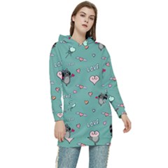 Raccoon Texture Seamless Scrapbooking Hearts Women s Long Oversized Pullover Hoodie