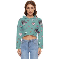 Raccoon Texture Seamless Scrapbooking Hearts Women s Lightweight Cropped Hoodie