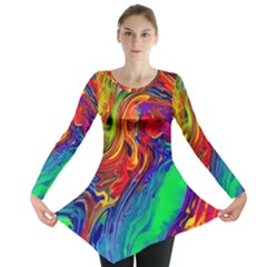 Waves Of Colorful Abstract Liquid Art Long Sleeve Tunic  by GardenOfOphir