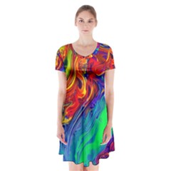 Waves Of Colorful Abstract Liquid Art Short Sleeve V-neck Flare Dress by GardenOfOphir