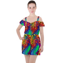 Waves Of Colorful Abstract Liquid Art Ruffle Cut Out Chiffon Playsuit