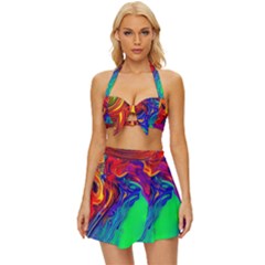 Waves Of Colorful Abstract Liquid Art Vintage Style Bikini Top and Skirt Set 