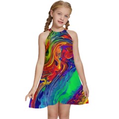 Waves Of Colorful Abstract Liquid Art Kids  Halter Collar Waist Tie Chiffon Dress by GardenOfOphir