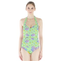 Elephant Sleeping Elephants Background Halter Swimsuit