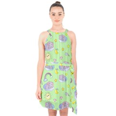 Elephant Sleeping Elephants Background Halter Collar Waist Tie Chiffon Dress