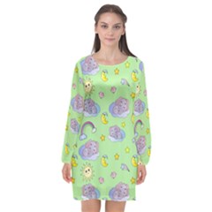 Elephant Sleeping Elephants Background Long Sleeve Chiffon Shift Dress 