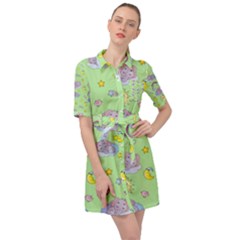 Elephant Sleeping Elephants Background Belted Shirt Dress