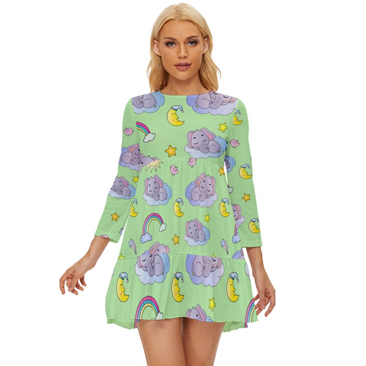 Elephant Sleeping Elephants Background Long Sleeve Babydoll Dress