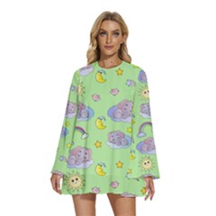 Elephant Sleeping Elephants Background Round Neck Long Sleeve Bohemian Style Chiffon Mini Dress