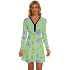 Elephant Sleeping Elephants Background Long Sleeve Deep V Mini Dress 