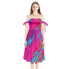 Colorful Abstract Fluid Art Shoulder Tie Bardot Midi Dress by GardenOfOphir