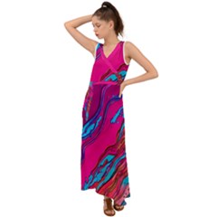 Colorful Abstract Fluid Art V-neck Chiffon Maxi Dress by GardenOfOphir