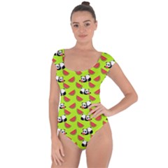 Watermelon Panda Background Wallpaper Short Sleeve Leotard 