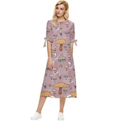 Mushrooms Autumn Fall Pattern Seamless Decorative Bow Sleeve Chiffon Midi Dress