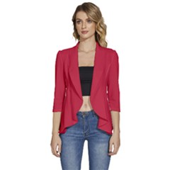 Cardinal Red	 - 	3/4 Sleeve Ruffle Edge Open Front Jacket by ColorfulWomensWear