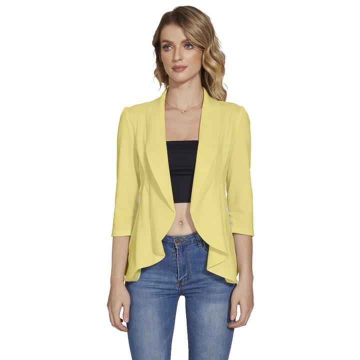 Daffodil Yellow	 - 	3/4 Sleeve Ruffle Edge Open Front Jacket