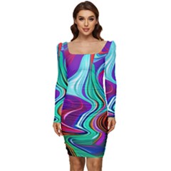 Fluid Background Women Long Sleeve Ruched Stretch Jersey Dress