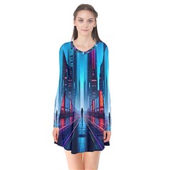 City People Cyberpunk Long Sleeve V-neck Flare Dress