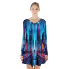 City People Cyberpunk Long Sleeve Velvet V-neck Dress