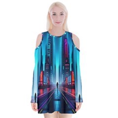 City People Cyberpunk Velvet Long Sleeve Shoulder Cutout Dress