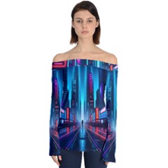 City People Cyberpunk Off Shoulder Long Sleeve Top by Jancukart