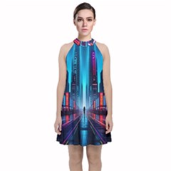 City People Cyberpunk Velvet Halter Neckline Dress 