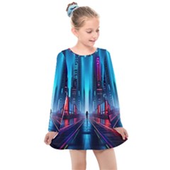 City People Cyberpunk Kids  Long Sleeve Dress