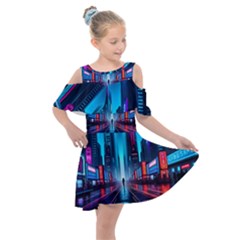 City People Cyberpunk Kids  Shoulder Cutout Chiffon Dress