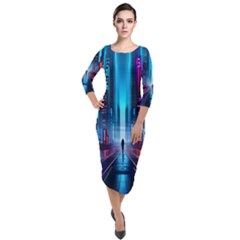 City People Cyberpunk Quarter Sleeve Midi Velour Bodycon Dress