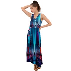 City People Cyberpunk V-Neck Chiffon Maxi Dress