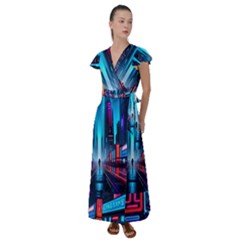 City People Cyberpunk Flutter Sleeve Maxi Dress