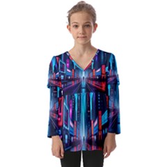 City People Cyberpunk Kids  V Neck Casual Top