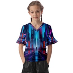 City People Cyberpunk Kids  V-Neck Horn Sleeve Blouse