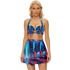 City People Cyberpunk Vintage Style Bikini Top and Skirt Set 